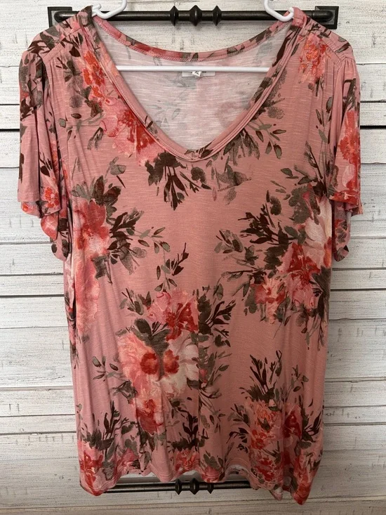 Maurices Rose Pink Floral V-Neck Short Sleeve Top - Picture 1 of 1